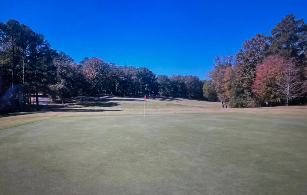 A view of a lush golf green bordered by mature trees and a fairway, evoking the nearby recreation options in Pinehurst and Vass. The scene invites thoughts of outdoor activities, leisure, and local exploration.